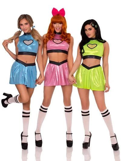 3 PC Super Sweetie Costume, Includes Shimmer Crop Top with Mesh Heart Panel, V-Front Skirt, and (2) Hair Ties