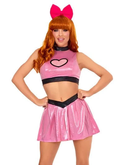 Leg Avenue® 3 PC Super Cutie Costume, Includes Shimmer Crop Top with Mesh Heart Panel, V-Front Skirt, and Bow Headband